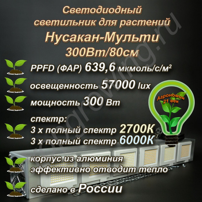 300Вт "Нусакан-Мульти" Мультиспектральный фитосветильник для растений полного спектра